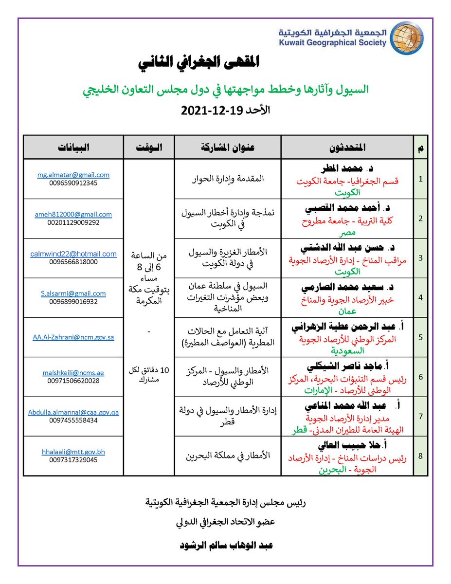 KuwaitG_Society's tweet photo. تتشرف الجمعية الجغرافية الكويتية بدعوتكم لحضور المقهى الجغرافي الثاني الذي يناقش السيول وتأثيرها على دول الخليج، وسيتم الإعلان عن رابط zoom meeting  قبل المقهى.  بالتوفيق والسداد للجميع، مع خالص تحيات مجلس إدارة الجمعية الجغرافية الكويتية. https://t.co/jHSqydLsvV