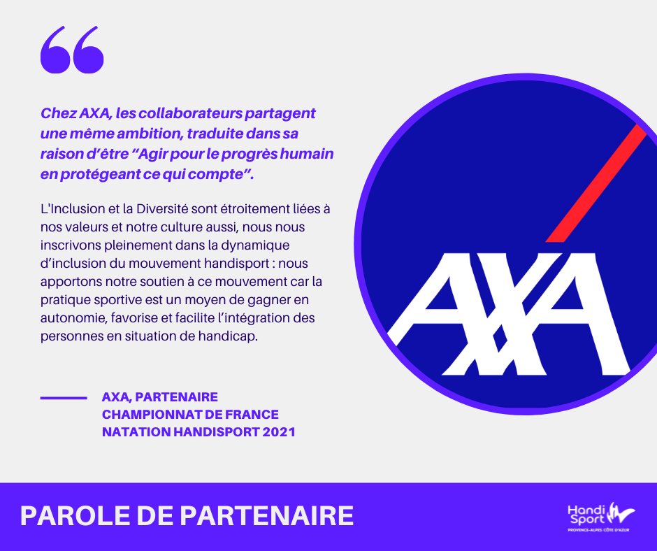 PAROLE DE #PARTENAIRE 🤝
A l'occasion du Championnat de France Natation Handisport petit bassin organisé par Handisport Marseille, <a href="/AXA/">AXA</a> s'#engage à nos côtés et #soutien le mouvement #handisport sur notre territoire.