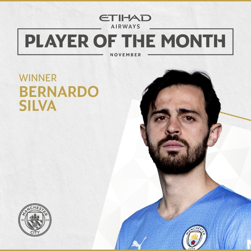 ManCityJP's tweet photo. シティファンの選ぶ11月のMVPに選ばれたのは、ベルナルド・シウバ🇵🇹

48%の票を獲得し、9月10月に次ぐ3度目の受賞となりました🙌
2位はカンセロ(35%)、3位はロドリ(17%)です

#ManCity https://t.co/syQLrJV7dT