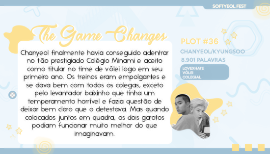 softyeolfest's tweet photo. ⤷ The Game Changes

♡ Chanyeol/Kyungsoo
♡ Love x Hate, Vôlei, Esporte, Colegial
♡ #plot36 | 8.901 palavras 
» https://t.co/uTzks4RxmI https://t.co/ldMMN8squU
