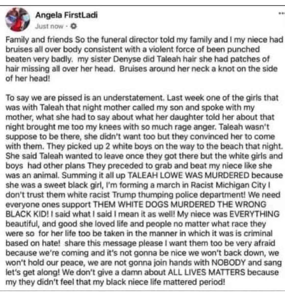 benadeksiabs's tweet photo. I called the Muskegon Police Department this morning ~8:40AM to confirm if TALEAH LOWE’s death was still being investigated. The PD has confirmed it is an OPEN INVESTIGATION! Rip babes, I hope they find out what happened to you #justicefortaleahlowe #justice #BLM #taleahlowe https://t.co/Q10uTLfXhk