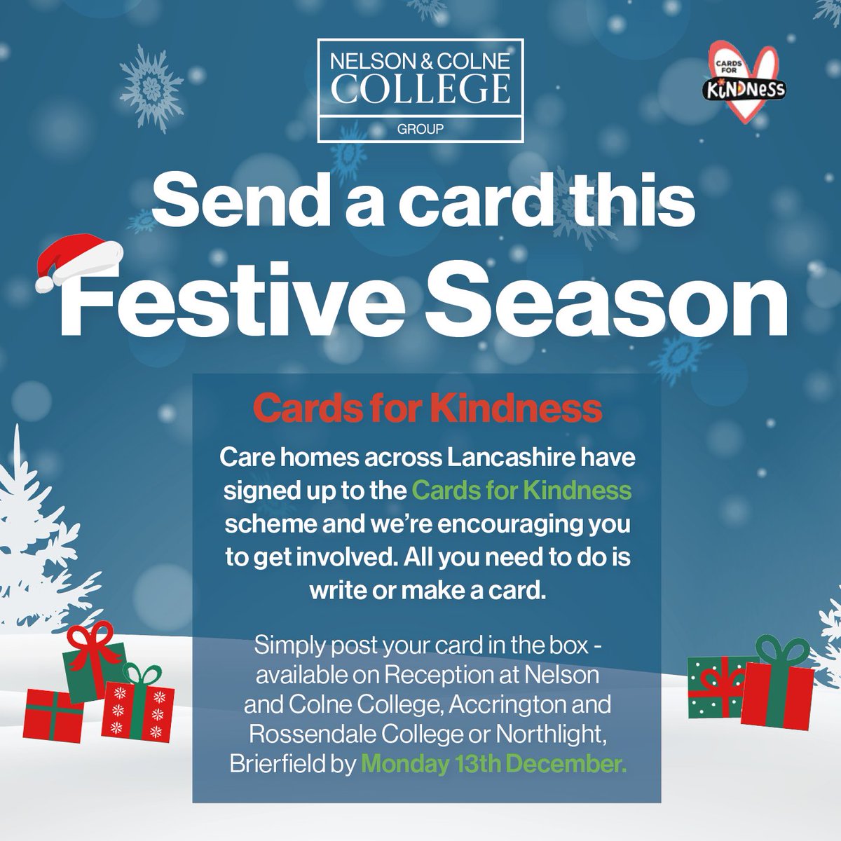 NelsonColneColl's tweet photo. As we enter another winter of uncertainty, Nelson and Colne College Group will be supporting the wonderful campaign ‘Cards for Kindness’ for a fourth year.
#BeaWinterFriend by supporting this wonderful campaign to help prevent loneliness and isolation this season. https://t.co/SIgto3At9Y