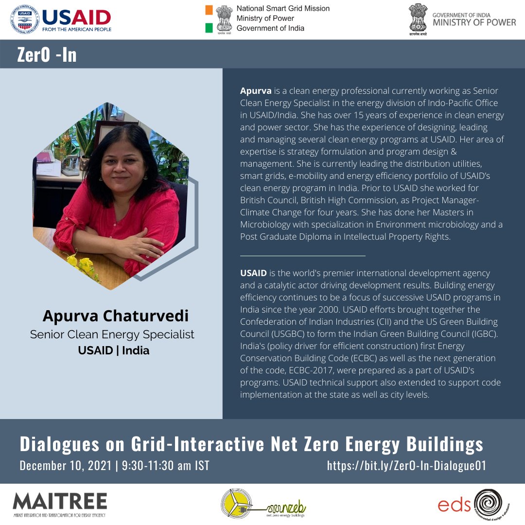 MAITREEProgram's tweet photo. Hear Apurva Chaturvedi, @usaid_india @USAID MAITREE ZerO-In Dialogues series on Grid-Interactive Net Zero Energy Building on Dec 10, 2021 at 09:30 am IST
Register:https://t.co/jxtvjisJch
@SAsiaEnergyHub @USAIDEnergy @EDSglobal @IndiaNzeb #netzero #netzeronow #gridinteractive https://t.co/AMsC1RV8lq