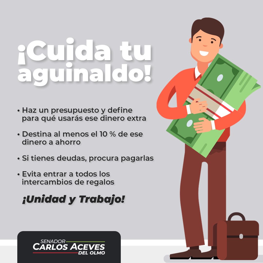 ¡Compañeros! Si ya les entregaron su aguinaldo, o están por recibirlo, atiendan estas recomendaciones que les comparto para una mejor administración de su dinero.

Les mando un fuerte abrazo.