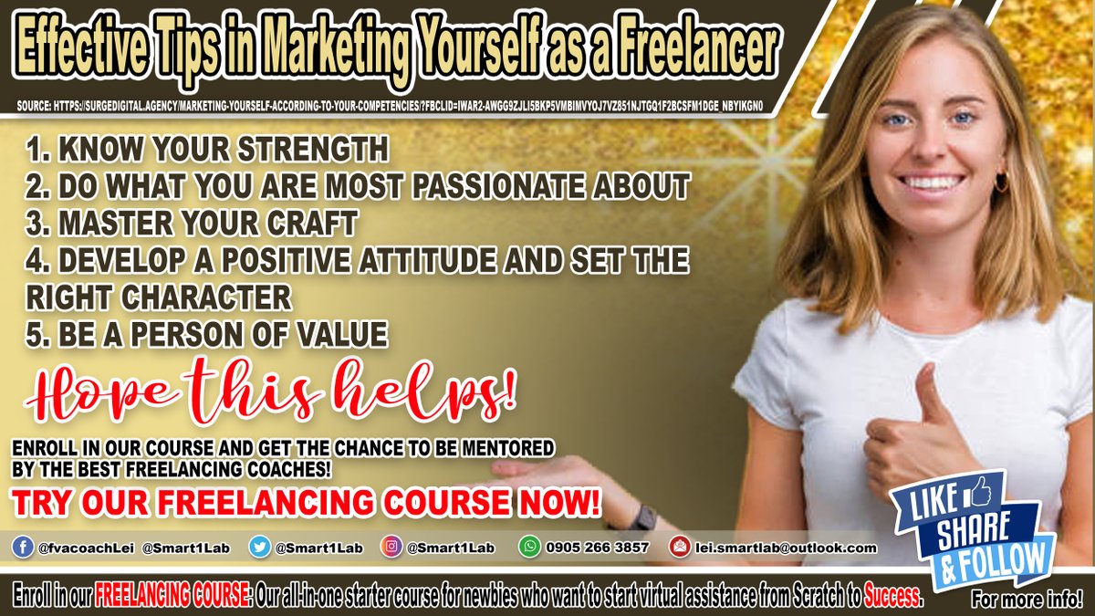 SmartLearninLab's tweet image. If you're still having trouble selling yourself, here's a new way to get started.

𝐄𝐧𝐫𝐨𝐥𝐥 now 𝐚𝐧𝐝 𝐠𝐞𝐭 𝐚 𝐜𝐡𝐚𝐧𝐜𝐞 𝐭𝐨 𝐛𝐞 𝐦𝐞𝐧𝐭𝐨𝐫𝐞𝐝 𝐛𝐲 𝐭𝐡𝐞 𝐛𝐞𝐬𝐭 𝐅𝐫𝐞𝐞𝐥𝐚𝐧𝐜𝐢𝐧𝐠 𝐜𝐨𝐚𝐜𝐡𝐞𝐬!

#WFH
#FreelancingTips
#Freelancing
#surge
#Qatar
#OFW
