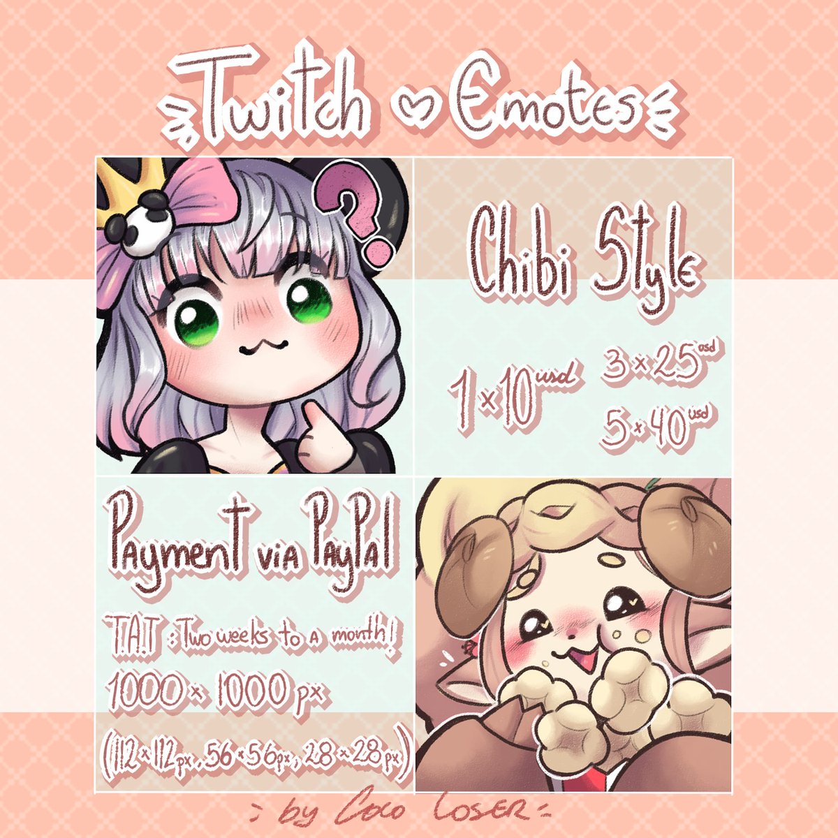 coco_loser_'s tweet photo. Hello! I open again my Emotes commissions! If you are interested please DM me!
TAT: two weeks or more, depends, but I'll keep in touch!
#emoteartist #twitch #twitchgraphics #commissionsopen #emotecommissions #emotecommissionsopen https://t.co/VTSjbhWizd