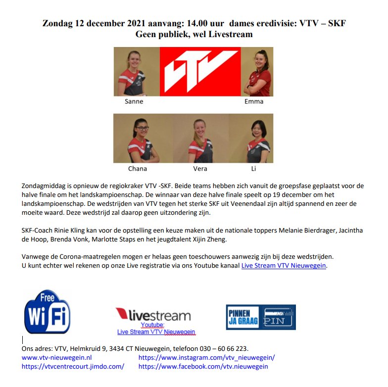 🏓 As zondag speelt het dames tafeltennisteam van <a href="/vtvnieuwegein/">VTV Nieuwegein</a> de halve finale in de eredivisie tegen SKF. Namens het team van @SportIDNgein wensen we jullie veel succes 💪🔥 📽 De wedstrijd is te volgen via de livestream: youtube.com/channel/UCnwMN…

#tafeltennis #blijfbewegen