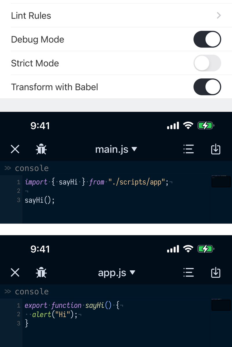 JSBoxApp's tweet photo. 1/4) With the latest update, we are bringing you several useful new features.

Built-in Babel support, you can use it to try new language features out, such as ES modules.

(Don't rely on it heavily as it transpiles code at runtime) https://t.co/rv5jmuHbAd