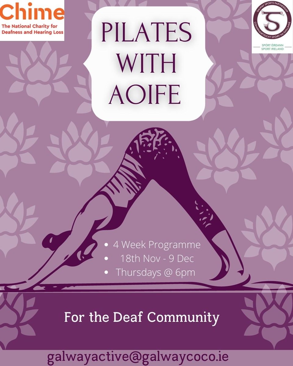🌿 Pilates for the Deaf Community 🌿⁠
⁠
With the lovely Aoife 🌻⁠
⁠
in association with Chime 💛⁠
⁠
Join in for our final session, we know you will love it!⁠
⁠
🗓 9 Dec⁠
⁠
⏰Thursday @ 6pm⁠
⁠
🔗Sign up via the following link:⁠
form.jotform.com/galwayactive/p…⁠
⁠