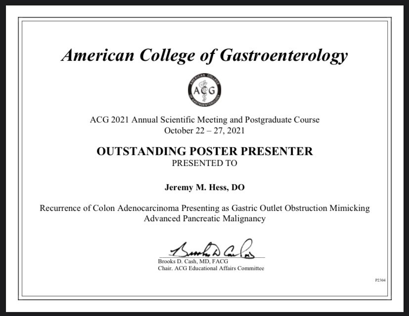 JHessDO's tweet photo. What a great week! First matching, now 2 Outstanding Poster Presenter awards from @AmCollegeGastro National Conference. Feeling very blessed and grateful. #ACG2021 #MedTwitter #GITwitter https://t.co/Pu8BzxAhbZ