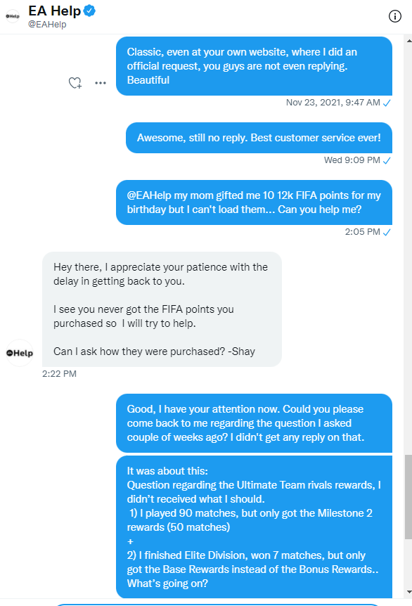 Jos_Driessen's tweet photo. @FIFAUTeam @EAHelp @EAFIFADirect This is unreal... 
0 response, nothing, radio silence. So I played the 'spend money' card: within 15 minutes I got a reply.. 😂 https://t.co/TKxmf82X4d