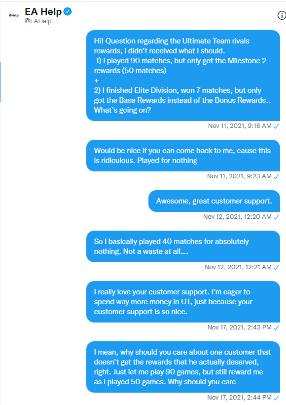 Jos_Driessen's tweet photo. @FIFAUTeam @EAHelp @EAFIFADirect This is unreal... 
0 response, nothing, radio silence. So I played the 'spend money' card: within 15 minutes I got a reply.. 😂 https://t.co/TKxmf82X4d
