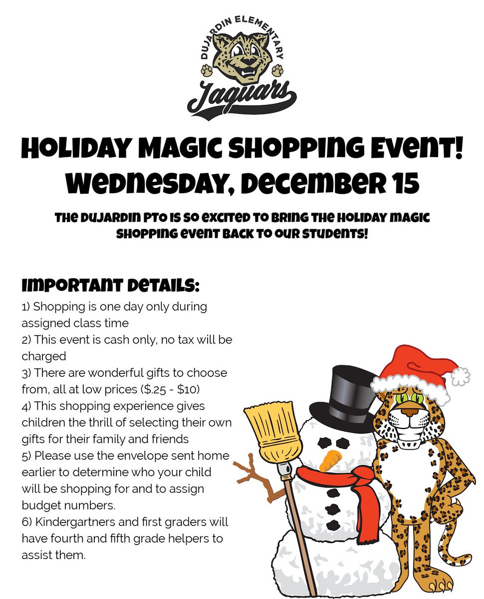 We are so excited to bring the Holiday Magic shopping event back to our <a href="/D13Jaguars/">DuJardin School</a> students one week from today! It is one of our student’s favorite events all year long! Remember it is cash only, no tax and there will be items from $.25 to $10