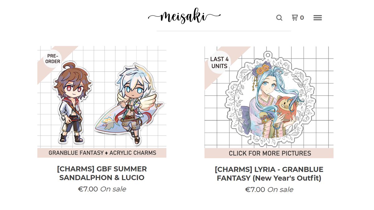 [RT is very appreciated 🙏💗]

here's the catalogue of my #gbf merch \(^ヮ^)/

♡ charms, prints, standees...
♡ use "PRINTS21" for 10% off your order if you order ANY print!
♡ online st0re will be open until jan. 6th ✨

♡ https://t.co/djNxjtooby ♡

#GranblueFantasy #グラブル 