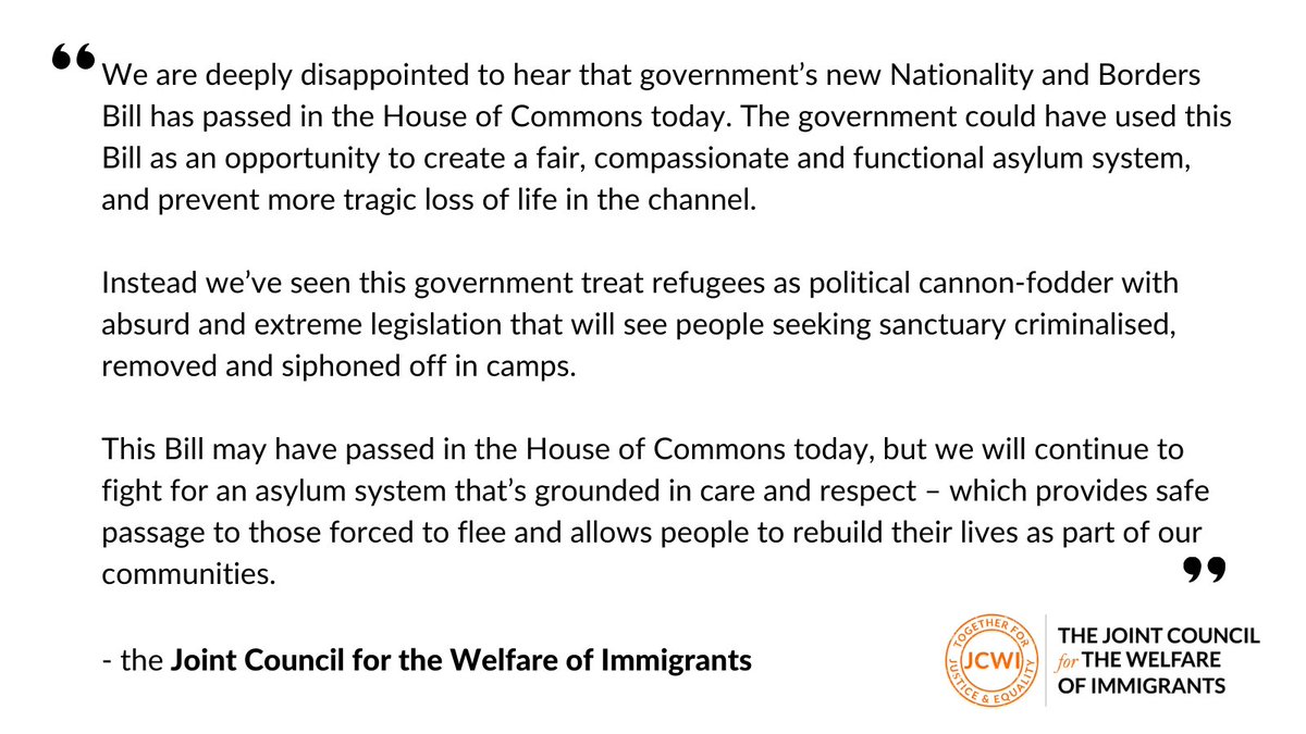 We're deeply disappointed that the Borders Bill passed in the House of Commons today - this is a wholesale attack on refugees', migrants' &amp; British minorities' rights. 
We will keep fighting against the #NABB in the Lords &amp; urge everyone to join us. The struggle is far from over!