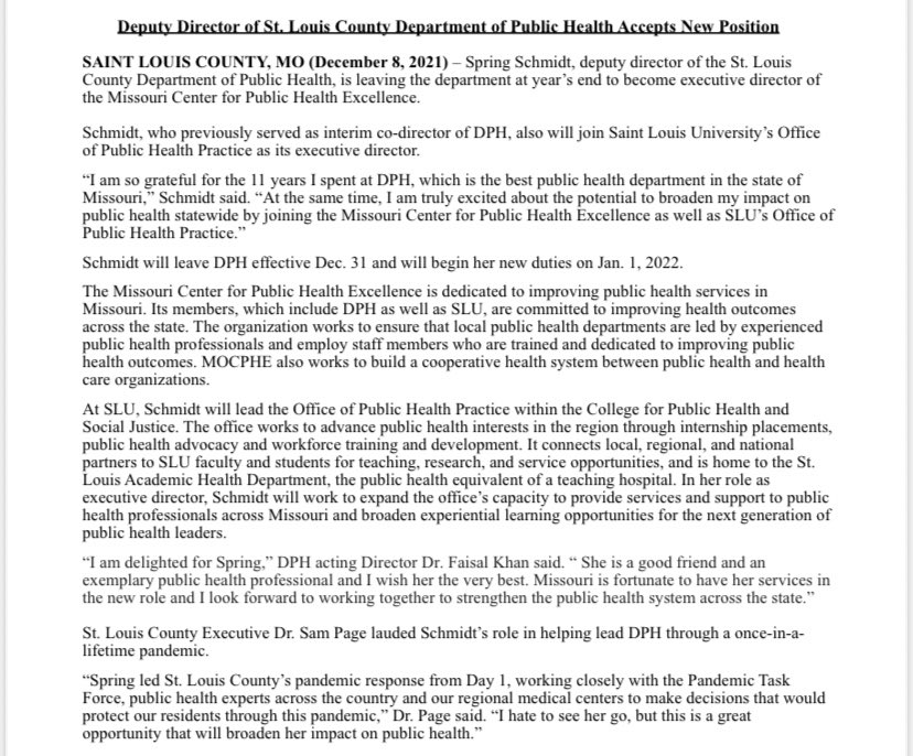 EmilyManleyTV's tweet photo. #NEW | @StLCountyDOH deputy director Spring Schmidt is leaving the department at the end of the year to become the executive director @MissouriCPHE. He will also be the executive director of @SLU_Official’s Office of Public Health Practice. #moleg https://t.co/dgXtgngg16