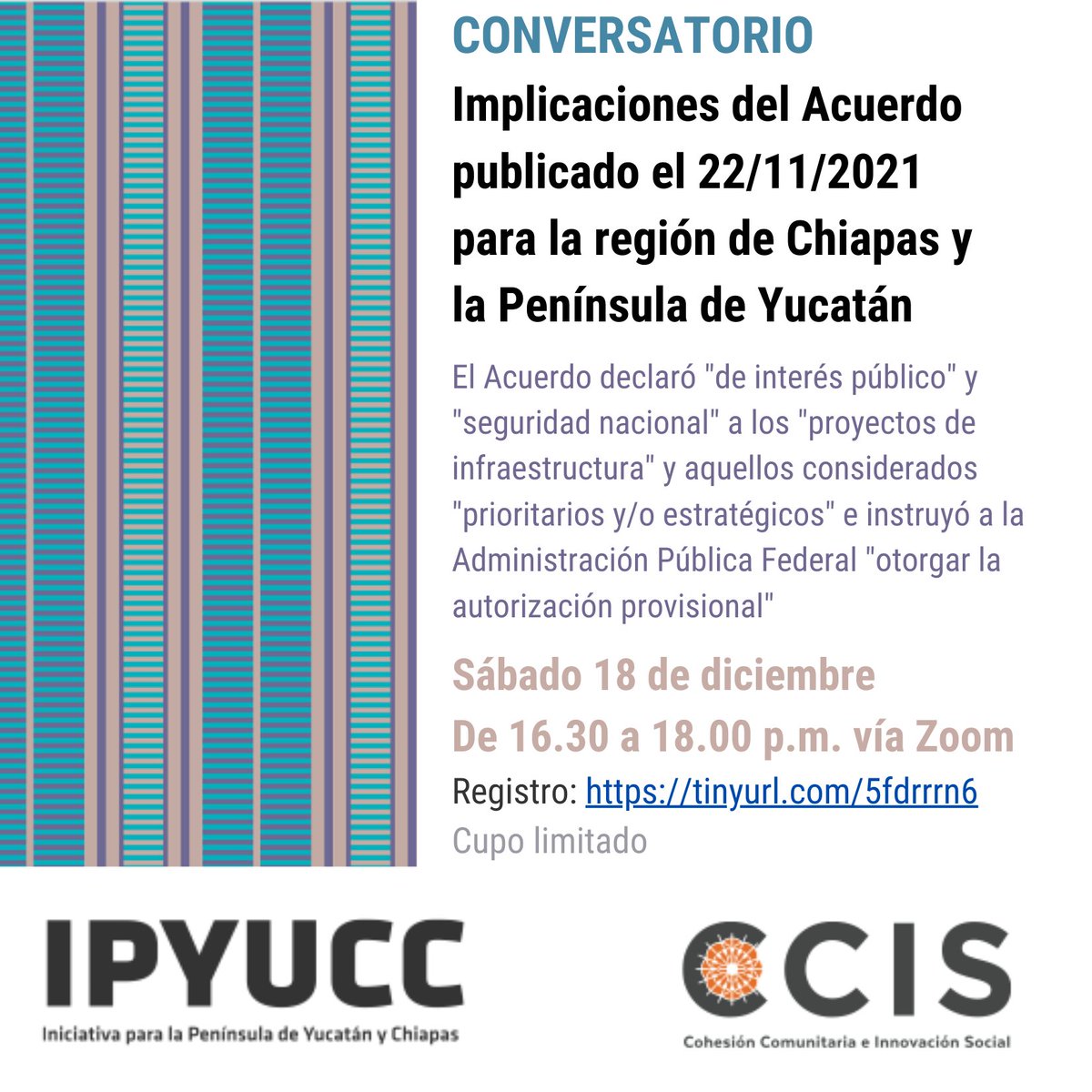 🔔Antes de que termine el año, en la #IPYUCC queremos reflexionar y dialogar sobre las implicaciones del Acuerdo para la región de Chiapas y la Península de Yucatán

🙋🏿‍♀️🙋🏽Facilitaremos un #Conversatorio 🗓 Sábado 18 de diciembre 
⌚16.30 a 18.00
✅Registro tinyurl.com/5fdrrrn6
