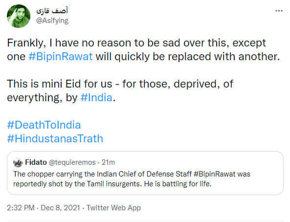 CorporateVakil's tweet photo. CDS General Bipin Rawat has positioned key role's in various defence operations. A shameful mockery during this hour of grief is a dishonor and disregard to Nations integrity. Demand @TwitterIndia, @Facebook to take strict action on Derogatory reactions.
#बिपिन_रावत https://t.co/HXmVuc6lXh