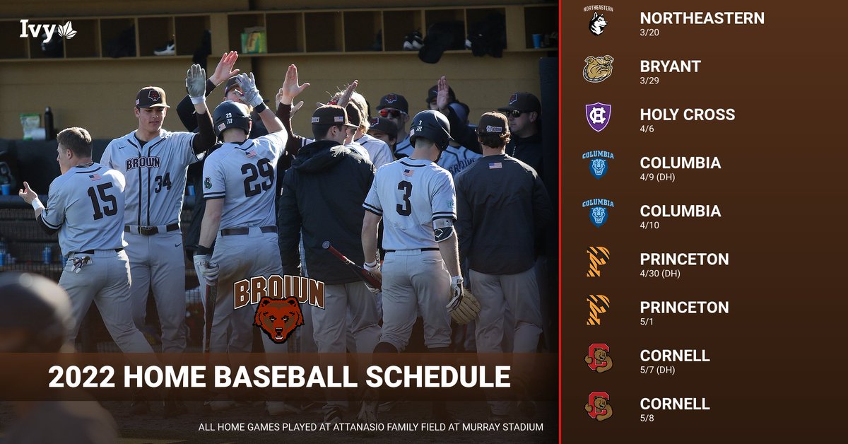 BrownU_Baseball's tweet photo. HOT OFF THE PRESS!🔥⚾ The 2022 Brown baseball schedule is here! Check it out and see you at Murray Stadium this spring ✊

👉- https://t.co/UnOQAvgYAO

#GoBruno 🐻 https://t.co/eXmz2ueP0f