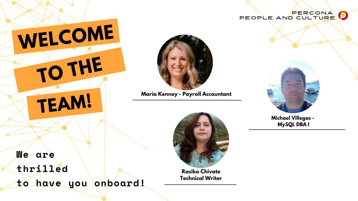 PerconaJobs's tweet photo. .@Percona is growing! 🌱

Welcome to the team @mvillegasc, Maria Kenney &amp; Rasika Chivate! Get ready for your adventure with an amazing team working with the top #OpenSource databases!

Are you looking for a new career with #RemoteWork + flexible hours?
▶️ https://t.co/oTdXNDCmHL https://t.co/SZAb1js9Jw