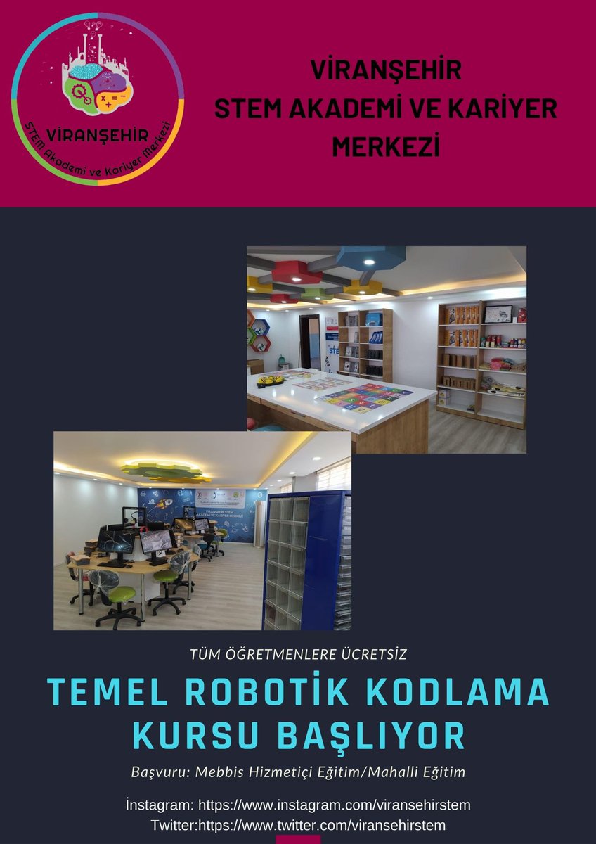 İlçemiz öğretmenlerine yönelik Temel Robotik Kurslarımızın başvuruları başlamıştır. İlgi duyan öğretmenlerimiz başvurularını Mebbis Hizmetiçi Eğitim Modülü Mahalli Faliyetlerden gerçekleştirebilirler. 
<a href="/sanliurfammem63/">Şanlıurfa İl Milli Eğitim Müdürlüğü</a> <a href="/urfastem/">UrfaSTEM</a> <a href="/Steamstem1/">Steam-stem</a> <a href="/viransehirstem/">VİRANŞEHİR STEM</a>