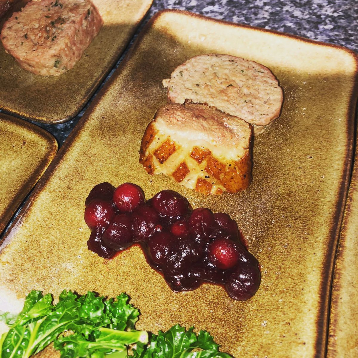 thbeardedchef's tweet photo. Starters

Goose breast, cranberries &amp; port, goose leg sausage roll, buttered kale https://t.co/qjK6YM83d3