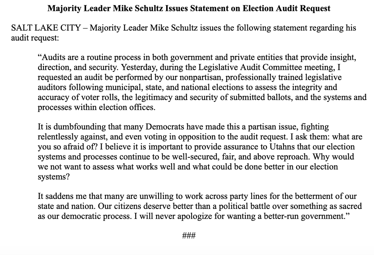 RobertGehrke's tweet photo. This Just in: House Majority Leader Mike Schultz thinks were a bunch of dummies. 

He can’t separate his election audit from the Trump election fraud lies. This is about his devotion to the cult, not election integrity. #utpol https://t.co/tOv3PdG8fz