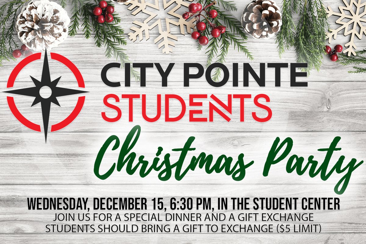 Hey Students!  Mark your calendars for our CPC Students Christmas Party, next Wednesday December 15th @ 6:30pm.  Join us for a special dinner and fun time of celebration including a gift exchange.  Boys bring a gift for a boy and girls bring a gift for a girl ($5 limit).
