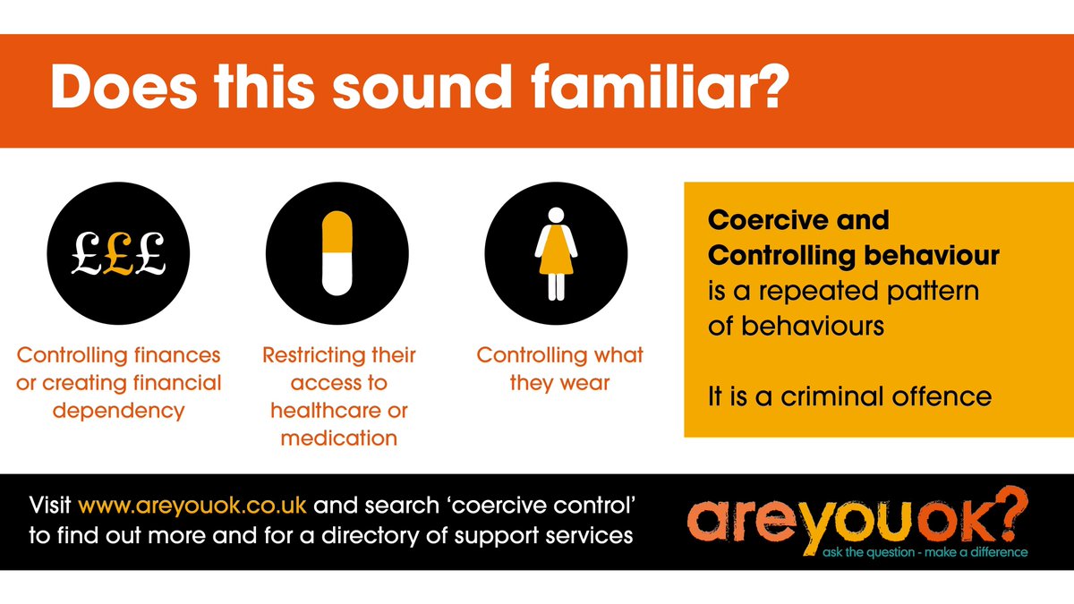 Coercive control isn’t a one off incident but a repeated pattern of behaviour intended to frighten and intimidate and can affect your day to day life. Sound familiar?  It's a criminal offence  orlo.uk/53HmU #areyouok #16DaysofAction
