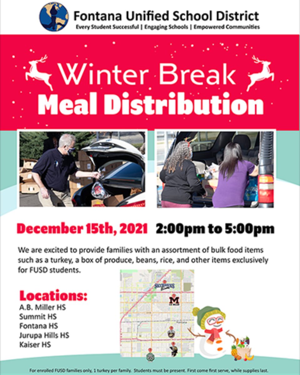 FUSD is happy to announce that we will be offering a Winter Break Meal Distribution for all registered FUSD Students.  Distribution will take place next Wednesday December 15 from 2-5pm at our High School Locations listed below.  Students must be present, while supplies last.