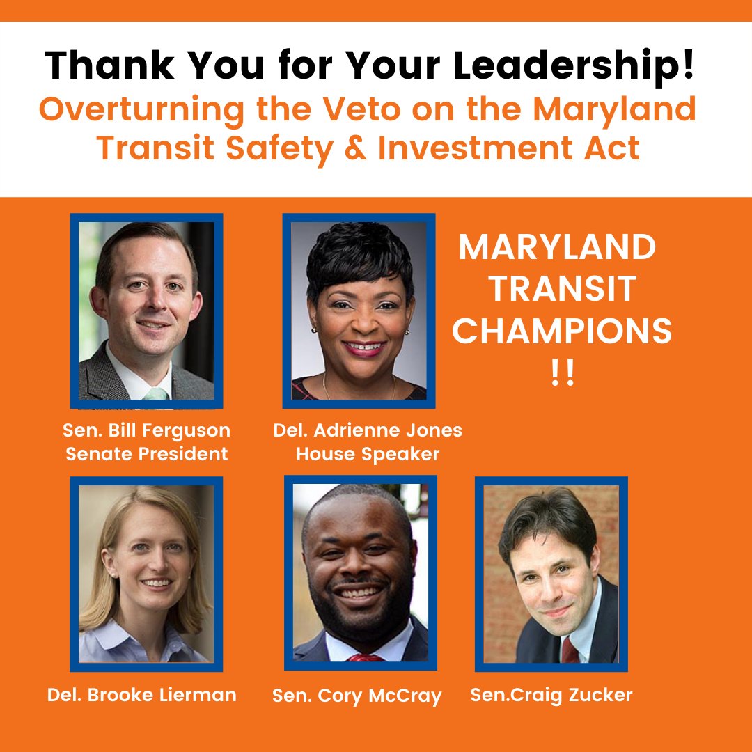 CleanEnergy4MD's tweet photo. Bravo to @BrookeELierman @SenatorMcCray @SenatorZucker for their tireless support of strong #publictransit in Maryland. Their work ensured that @GovLarryHogan's veto of the Transit Safety & Investment Act was overturned! Thank you for your leadership!! #SaveMDTransit https://t.co/0QgjdH6NwE