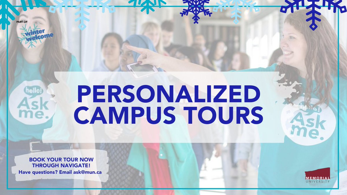 📢 Hey, first-term <a href="/MemorialU/">Memorial University</a> students! Book your personalized campus tour through the Navigate app, starting TODAY! Our tour guides will show you to your classrooms, libraries and around campus. Tours for individuals and small groups begin on Dec. 20. Questions? Email ask@mun.ca