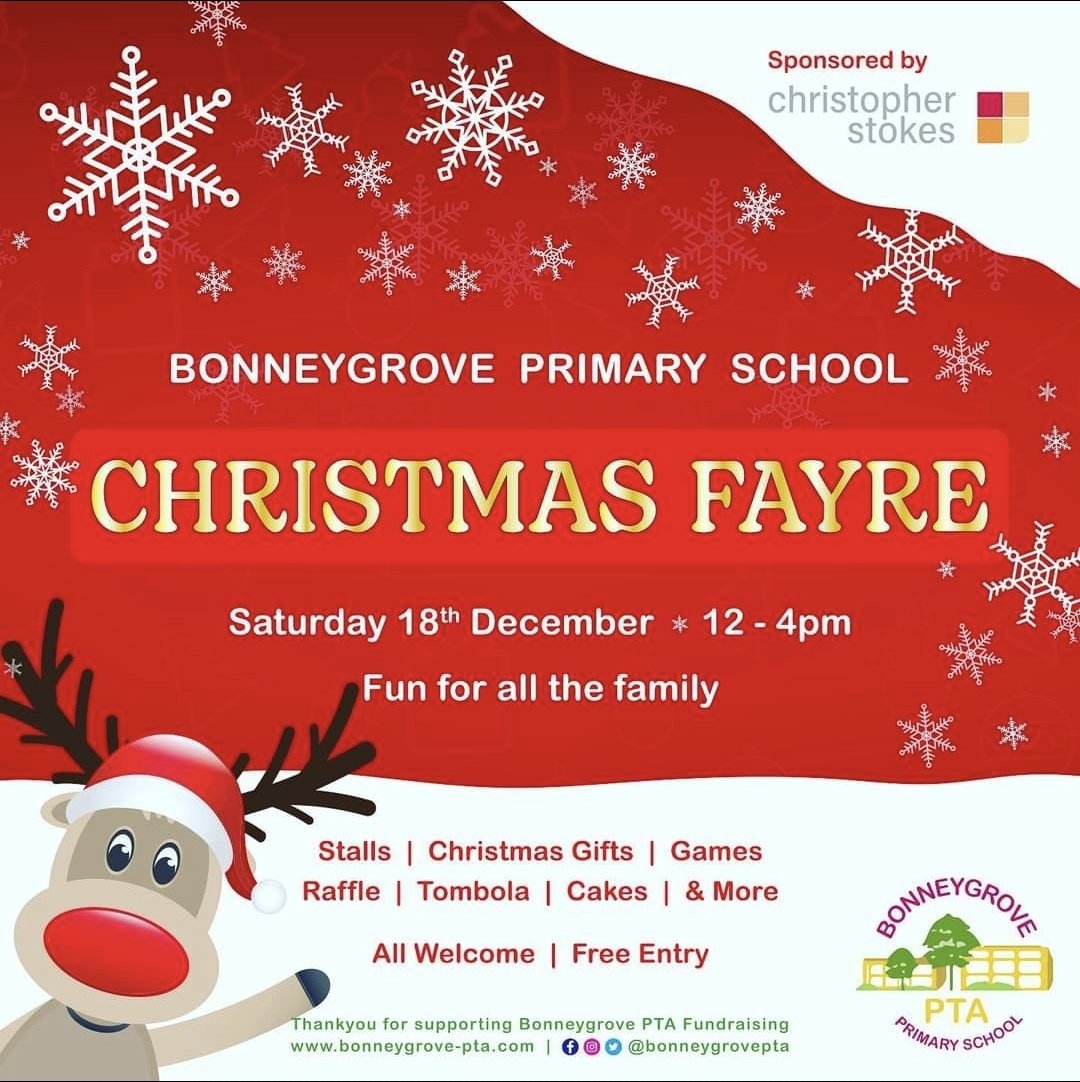 BonneygroveP's tweet photo. Would love to see as many of you as possible supporting Bonneygrove Primary School's Christmas Fayre 🎄🎅  
Come along on Saturday, 18th December between 12 and 4pm to say hi.....
@BonneygroveS https://t.co/KgFPRYoSrE