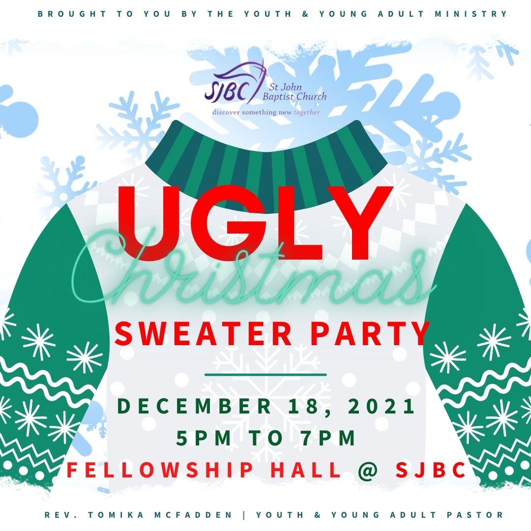 The Youth &amp; Young Adult Ministry brings us an Ugly Christmas Sweater Party! 🎄🎅☃️ Join us in person in Fellowship Hall! #Christmas #HappyHolidays #MerryChristmas #UglySweater #YouthMinistry