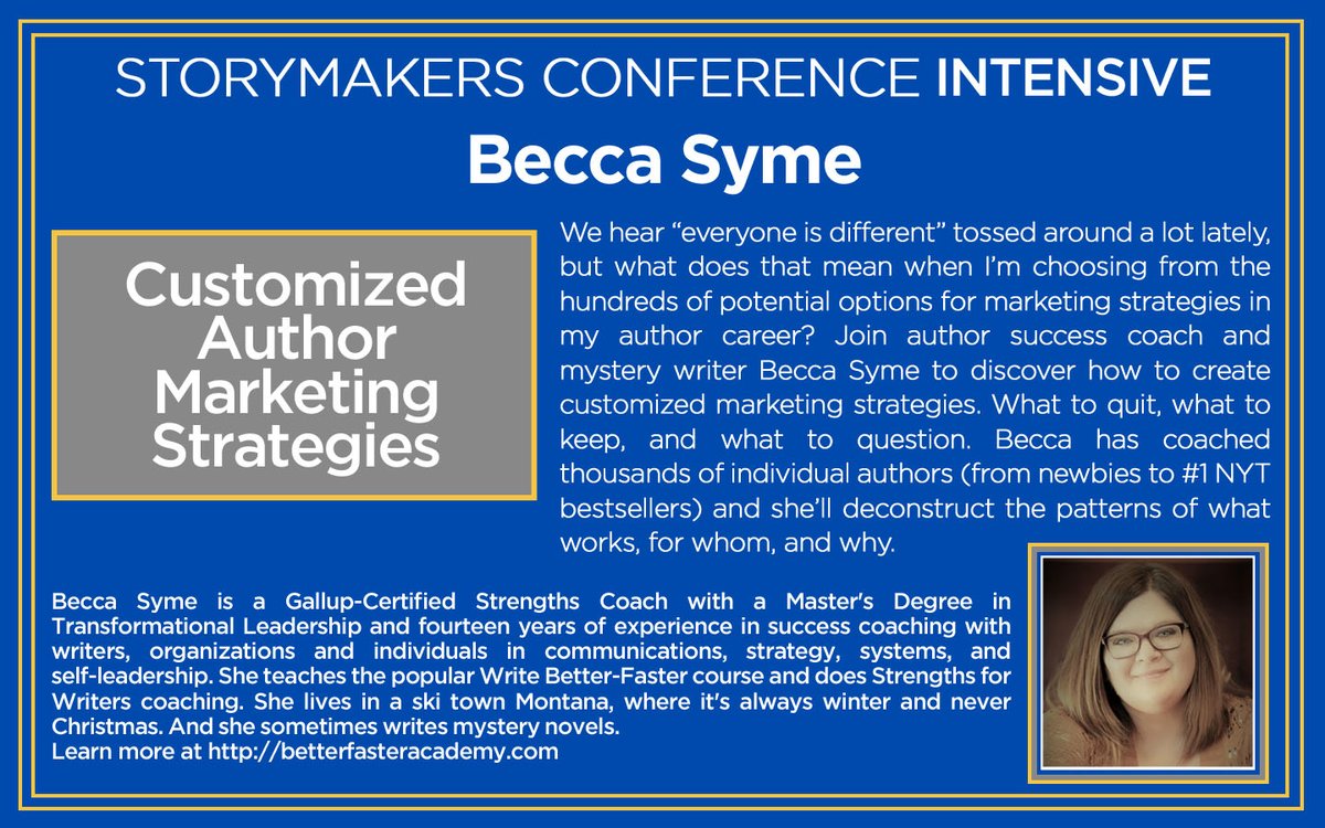 Our first intensive instructor is Becca Syme!
Whatever your publishing path or genre, this intensive gives you tools to succeed at marketing.
We ❤️ Becca’s Strengths for Writers courses &amp; her YouTube channel the QuitCast. 
This class will be phenomenal. #storymakers22