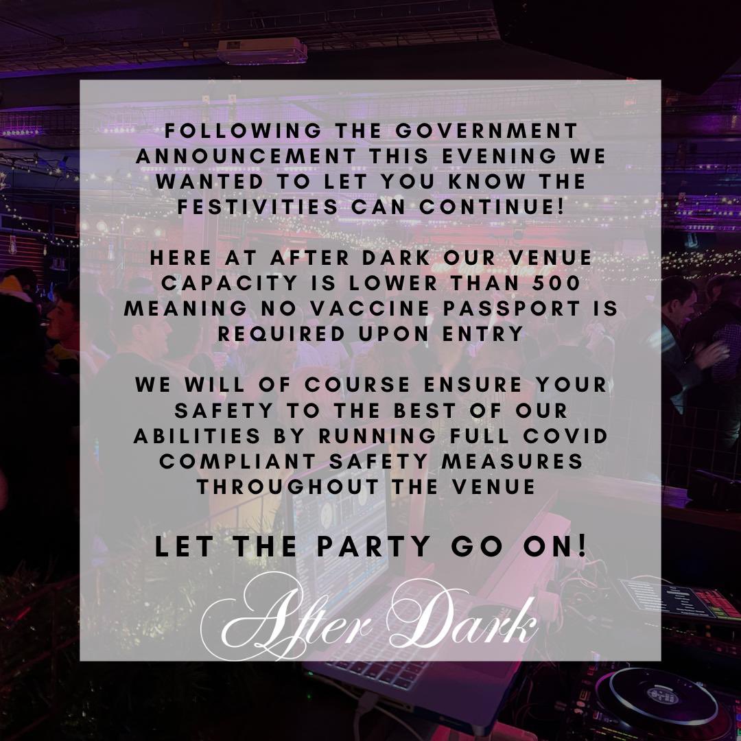 AD_Mansfield's tweet photo. UPDATE: Following on from the latest announcement from Boris Johnson this evening we would like to confirm three things…

1. We will still be open.
2. Our capacity is lower than 500 meaning NO VACCINE PASSPORT is required.
3. Christmas will go on (despite Ebenezer Boris) 🙄 https://t.co/elDyJiX2Qg