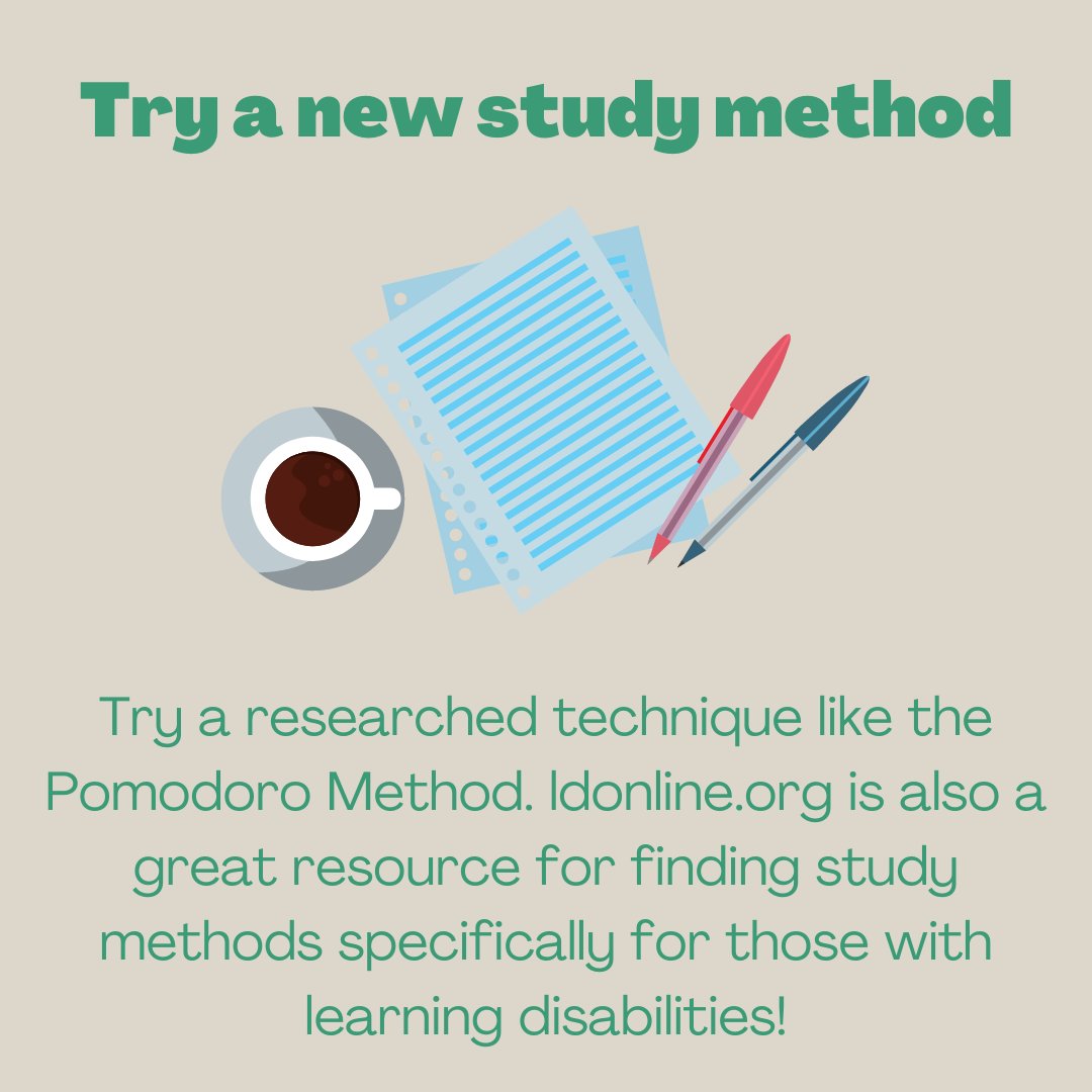 ConnCollSAS's tweet photo. As finals are approaching, here's a repost of our study tips for students with learning disabilities! https://t.co/9vyqXguiID