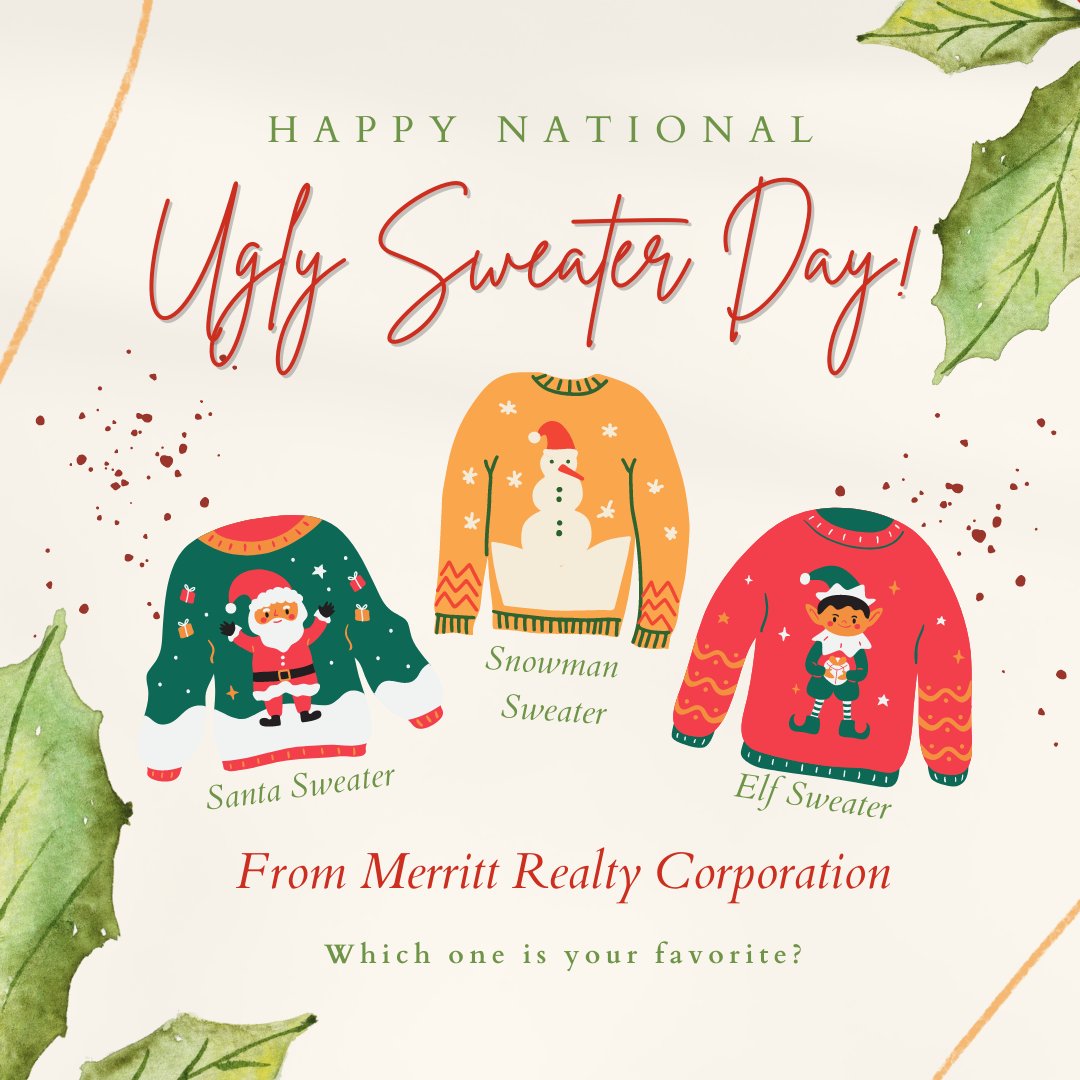 MerrittRealtyfl's tweet photo. Happy National Ugly Sweater Day! Let us know what sweater in the photo is your favorite in the comments below! #uglysweaterparty #uglysweaterday #uglysweater #uglychristmassweater #UglyChristmasSweaterDay #festive #commercialrealestate #gomerritt https://t.co/lvkAjbsqKm