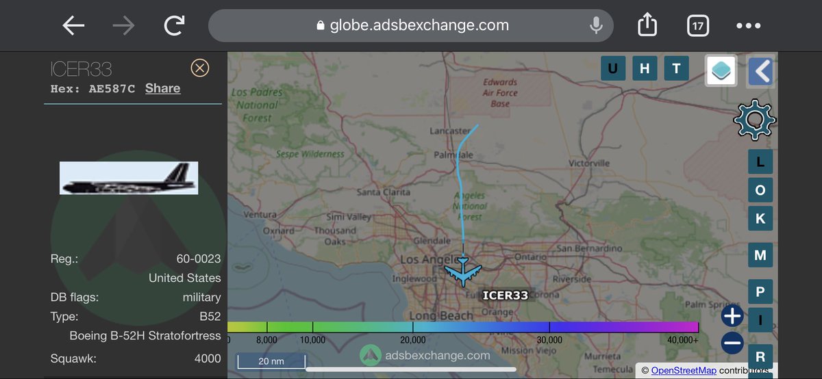 TheSnoopySnoop's tweet photo. ⚠️ #B52 #BuffAlert ⚠️
#ICER33 #AE587C 60-0023
Heading out of #Edwards AFB south over #LosAngeles #LAX
#haveglass #planespotting #AvGeek #milair #USAF https://t.co/3FnyNmjHsL