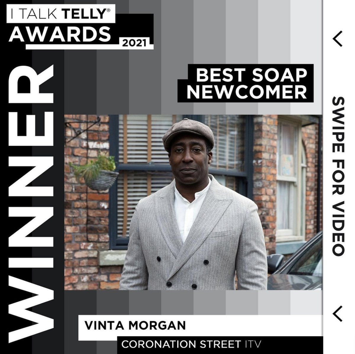 VintaMorgan's tweet photo. Can't believe I've actually won the "Best Newcomer" @italktelly award! Thank you everyone for voting for me; you've been amazing, honestly thank you for voting. #VintaMorgan #Soap #CorrieFans #ITV #ITVCorrie #Coronationstreet #Winner #Award 🙏🏾❤️🙏🏾 https://t.co/lXFoMpye1E