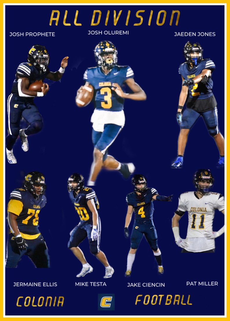 Coloniafootball's tweet photo. Huge Congratulations to the following Patriots who have been selected as  All-Division!! We’re proud of you guys!

Josh Oluremi
Josh Prophete 
Jermaine Ellis
Jake Ciencin
Michael Testa
Patrick Miller
Jaeden Jones 

#CTown
#BleedBlue https://t.co/AAODjOfzBs