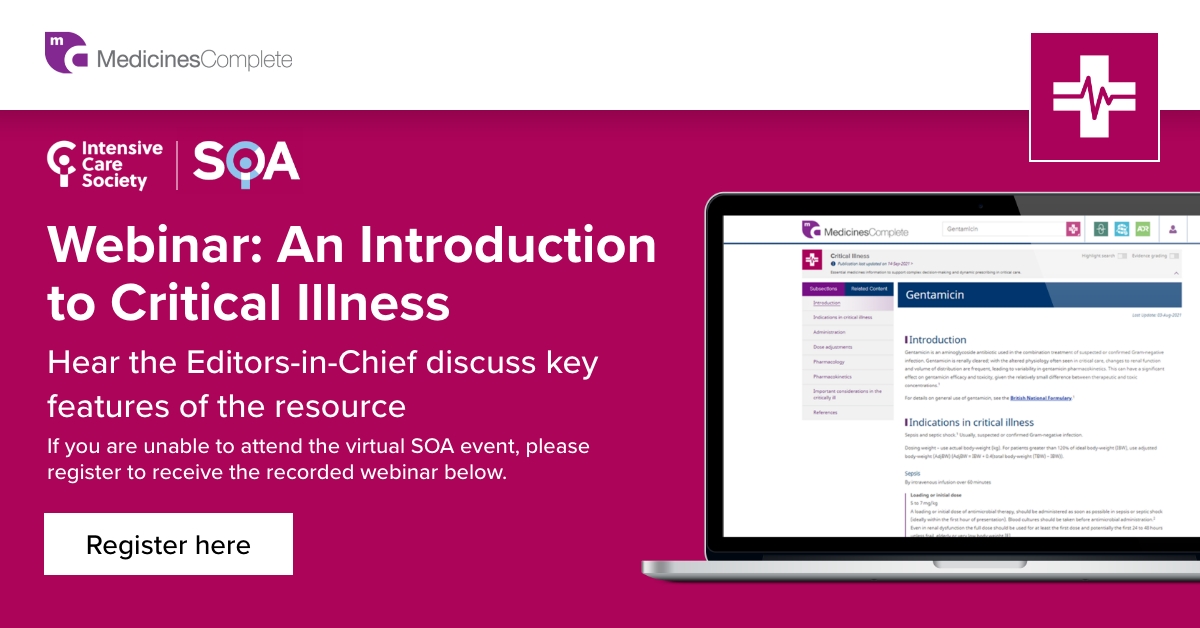 PharmPress's tweet image. Watch &apos;An introduction to Critical Illness’ at #SOA2021. The Editors-in-Chief provide a detailed overview of the gentamicin monograph and how it supports your dynamic-prescribing ability. Register to watch: ow.ly/314L50H4fQF