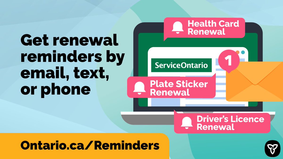 ServiceOntario's tweet photo. Leave the reminders to us. 🔔

Get automated email, text, or phone call reminders before it’s time to renew your driver’s licence, plate sticker, or health card.

Sign up for digital reminders today: https://t.co/xTbWBcdh8L https://t.co/mX8vKw5dpd