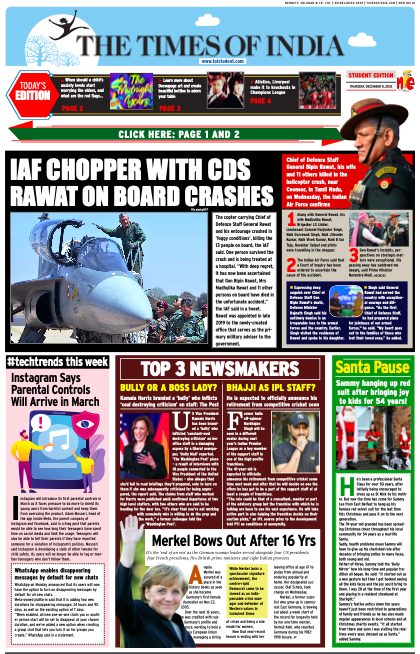TOIStudent's tweet photo. In today's issue explore the top news of the day including the demise of general #BipinRawat; the latest tech trends and #Merkel, Germany’s first female
chancellor, bows out after 16 years. To #read, download from https://t.co/J1ZG2iJkAZ. https://t.co/3L67p2Rq0N