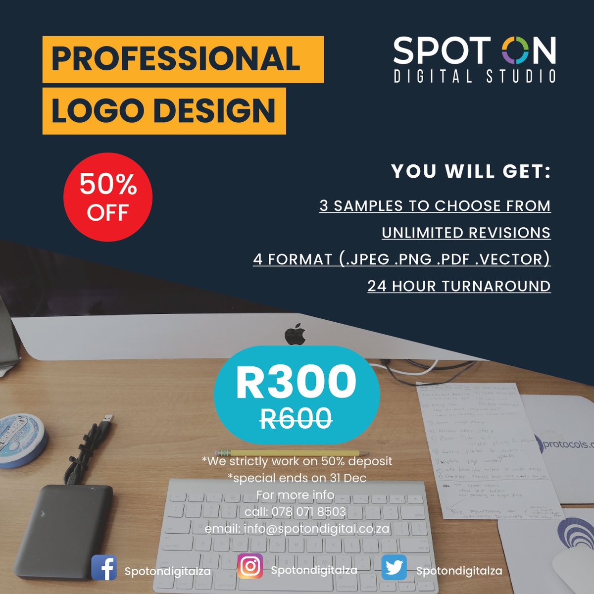 SpotOnDigitalZA's tweet photo. Give your business a professional Logo today for only R300
*Special ends on 31 Dec
Inbox for more info and samples or email: info@spotondigital.co.za

#LogoDesign #PodcastAndChill #Dischem #TheANC https://t.co/ByVA8HwROw