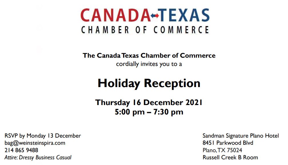 CanadaTexasCC's tweet photo. We hope you can join us to celebrate the season at the Sandman Signature Plano Hotel from 5-7pm on Thursday, December 16th. Space is limited so please email bag@weinsteinspira.com to register. https://t.co/SP6azg1fad