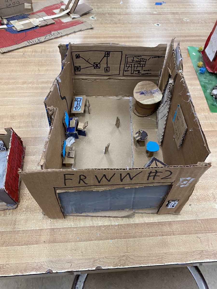 MsPaugh_RFISArt's tweet photo. A cardboard bedroom, fire station, and hotel! So much creativity and small details! #choiceart #developcraft @RFIShuskies https://t.co/EQnxDk1gcc