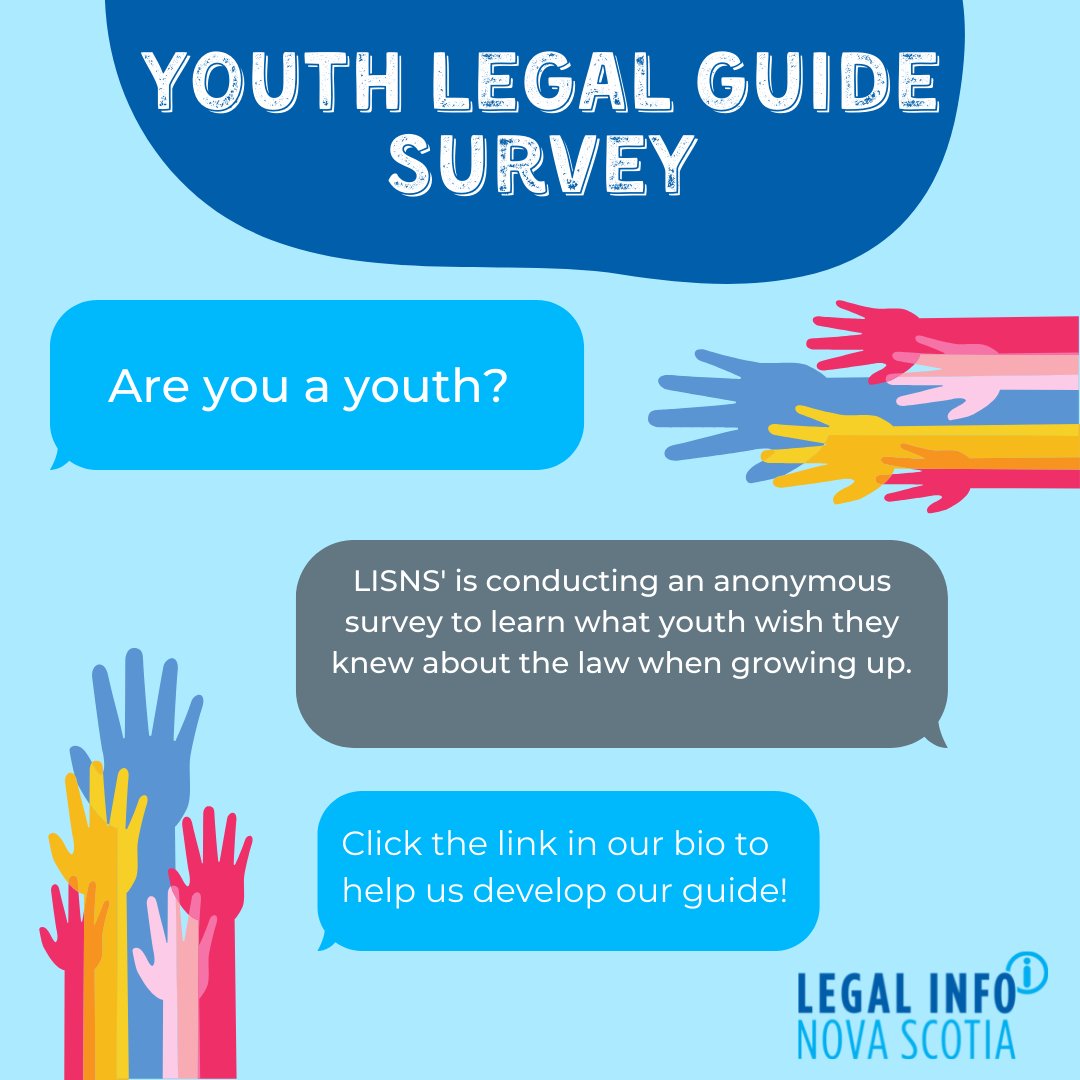 LegalInfoNS's tweet photo. We're building a Youth Legal Guide and looking for NS youth's input! Fill out our anonymous survey to share what you wished you knew about the law when growing up! Link: https://t.co/p6r7kyLCqv #LISNS #YouthLegalGuide #youth https://t.co/diFXxxTsI2