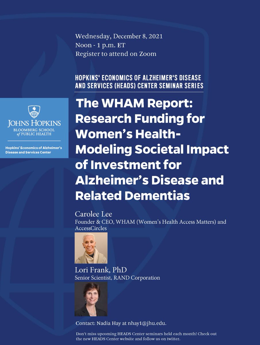 HEADSCenter's tweet photo. At noon today, join the #HEADSSeminar featuring @WHAMnow CEO Carolee Lee and @RANDCorporation Senior Scientist @LoriBethFrank to learn about new data in #TheWHAMReport that details the economic impact of #Alzheimer’s research focused on women. 
Register🔗: https://t.co/qTdL320jVm https://t.co/Hk4kzZ9X2D