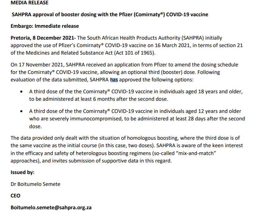 miamalan's tweet photo. BREAKING [Thread]: @SAHPRA1 has approved a 3rd #Pfizer #COVID19 vaccine booster dose for: 
1. People of 18+
2. 6 months after a 2nd dose
3. No mix and match yet (so you can't yet take a Pfizer booster after a #JnJ jab) https://t.co/AXXH2RzFa8